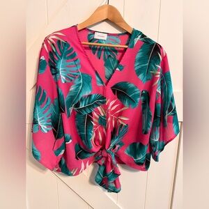 Adrienne Pink and Green Leaf Print Blouse Women’s Large Beach Vacation Tropical